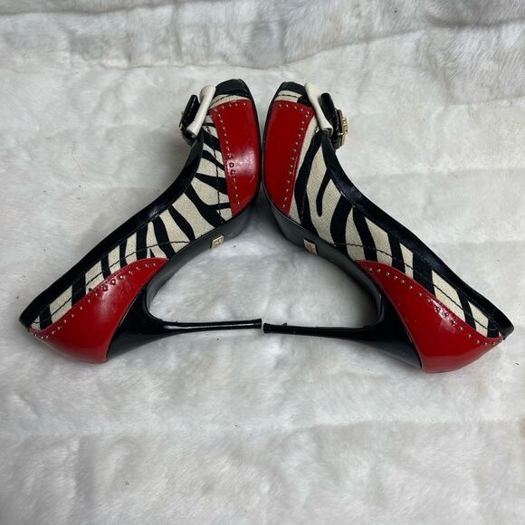 Jorge Bishoff Red patent leather,black white stripes textile peep toe he… - Picture 5 of 10